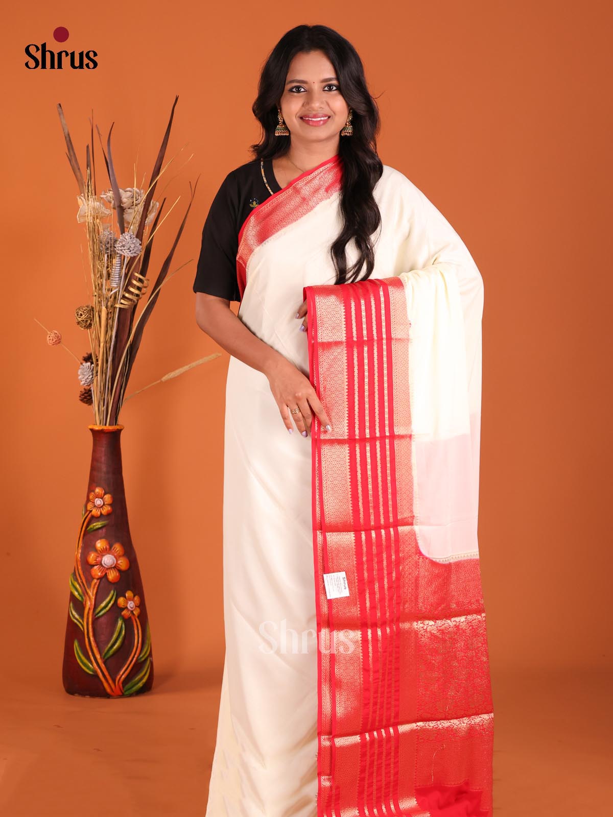 Cream & Red - Mysoresilk-halfpure Saree