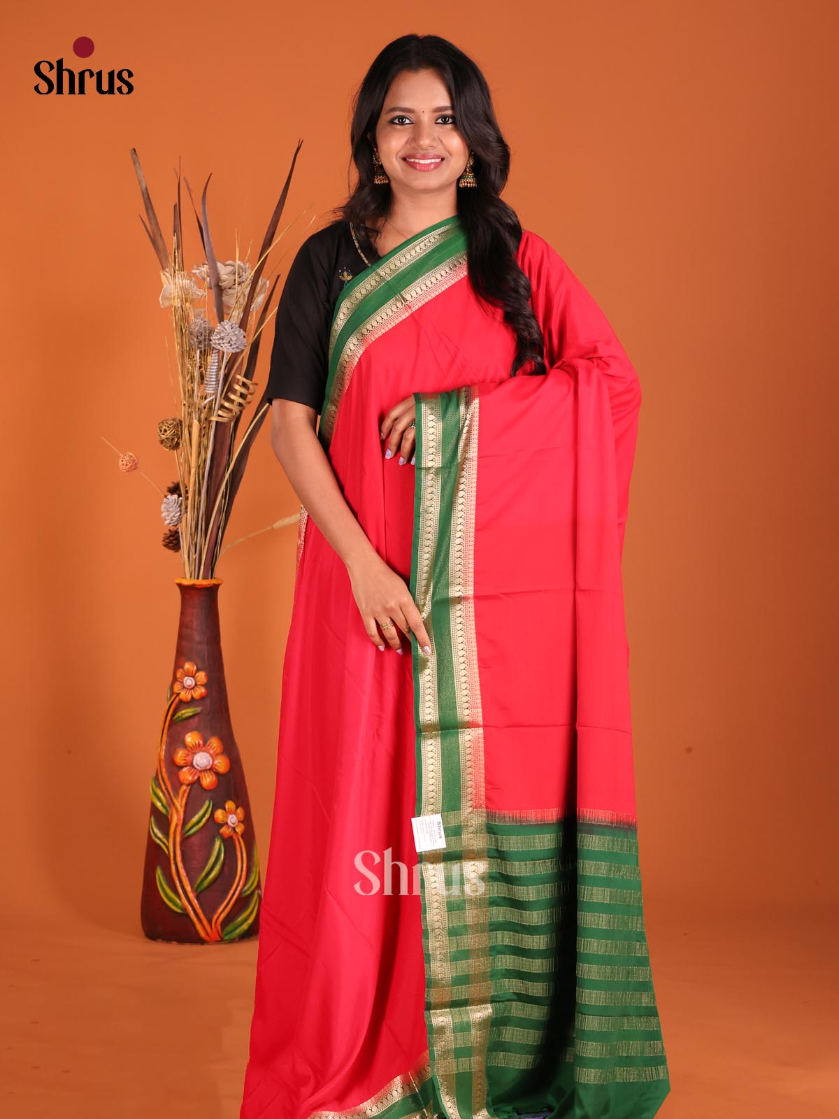 Red & Green- Mysoresilk-halfpure Saree - Shop on Shrus.com