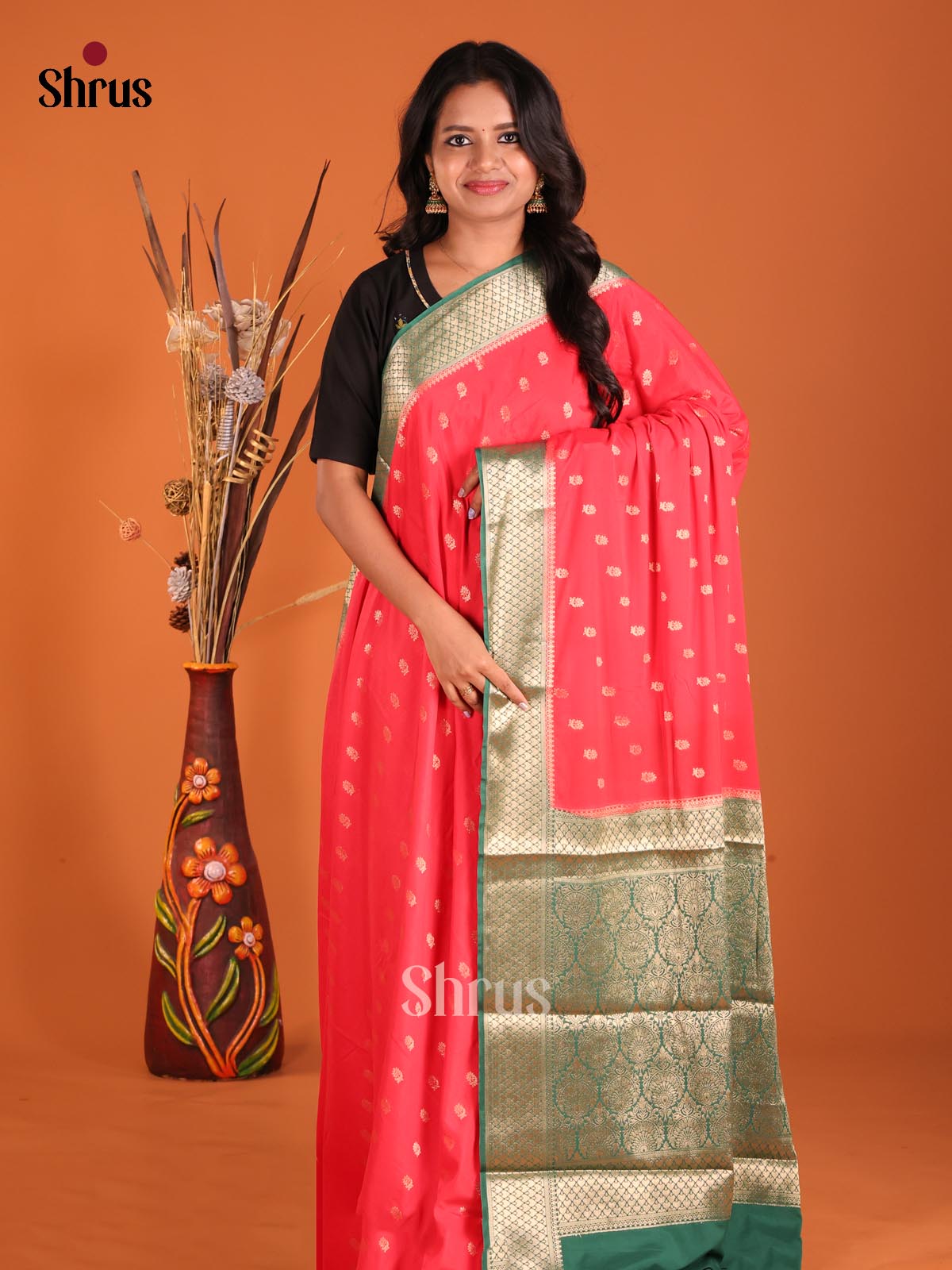 Orangish Pink & Green- Mysoresilk-halfpure Saree - Shop on Shrus.com