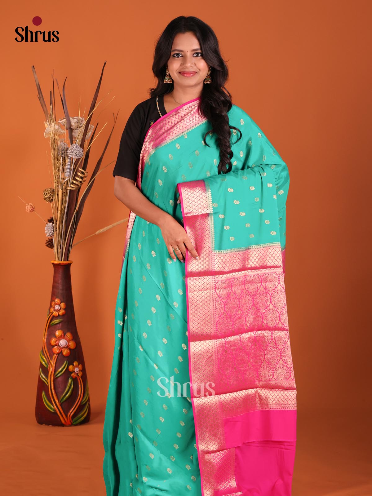 Teal & Pink - Mysoresilk-halfpure Saree - Shop on Shrus.com