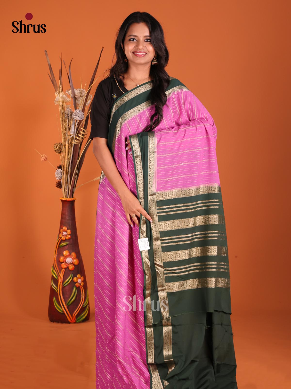 Pink & Green - Mysoresilk-halfpure Saree - Shop on Shrus.com