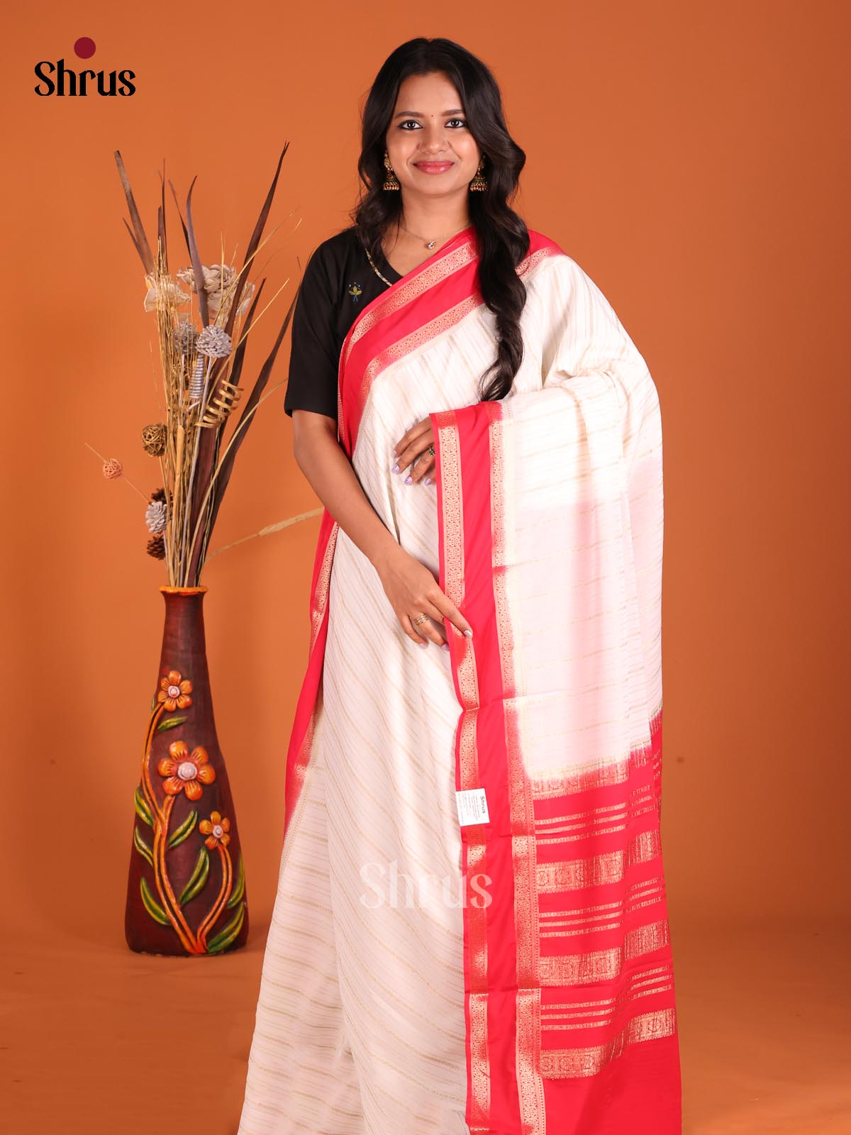 Cream & Red - Mysoresilk-halfpure Saree - Shop on Shrus.com