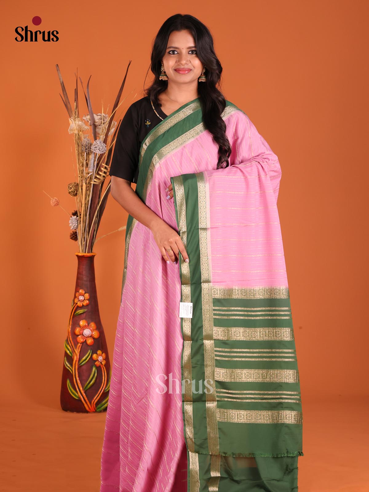 Pink & Green - Mysoresilk-halfpure Saree - Shop on Shrus.com
