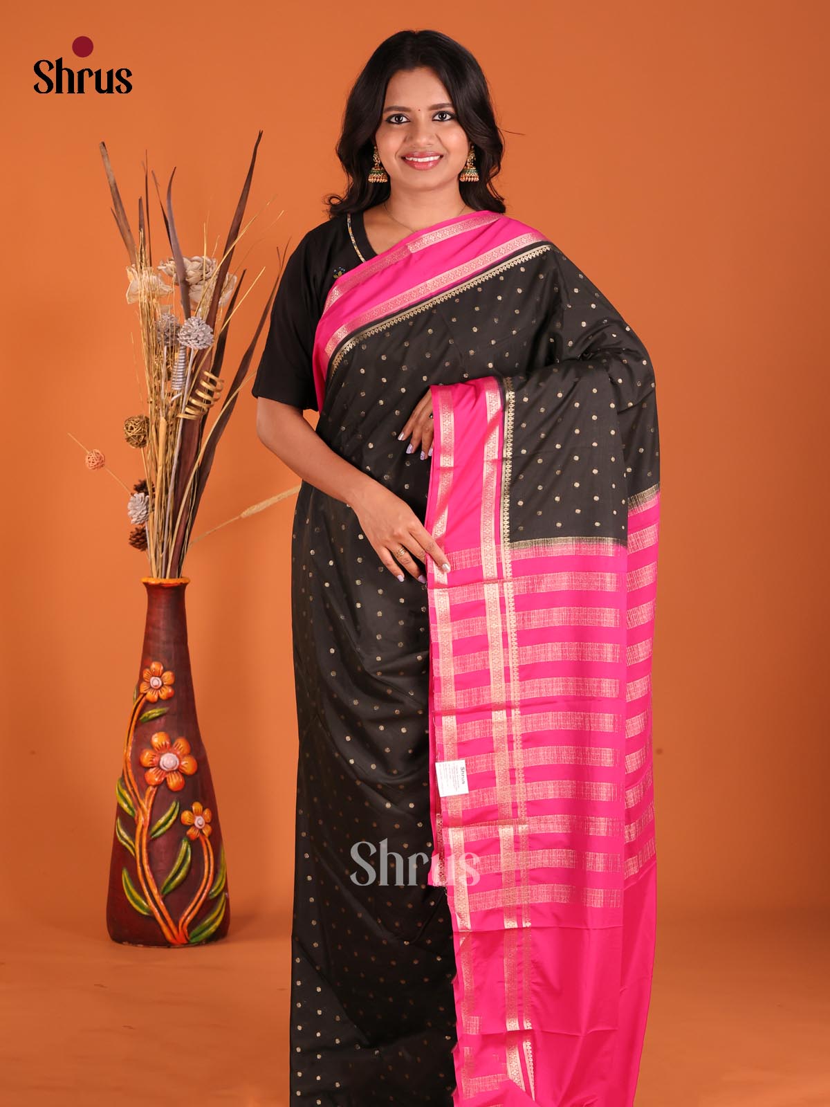Black & Pink- Mysoresilk-halfpure Saree