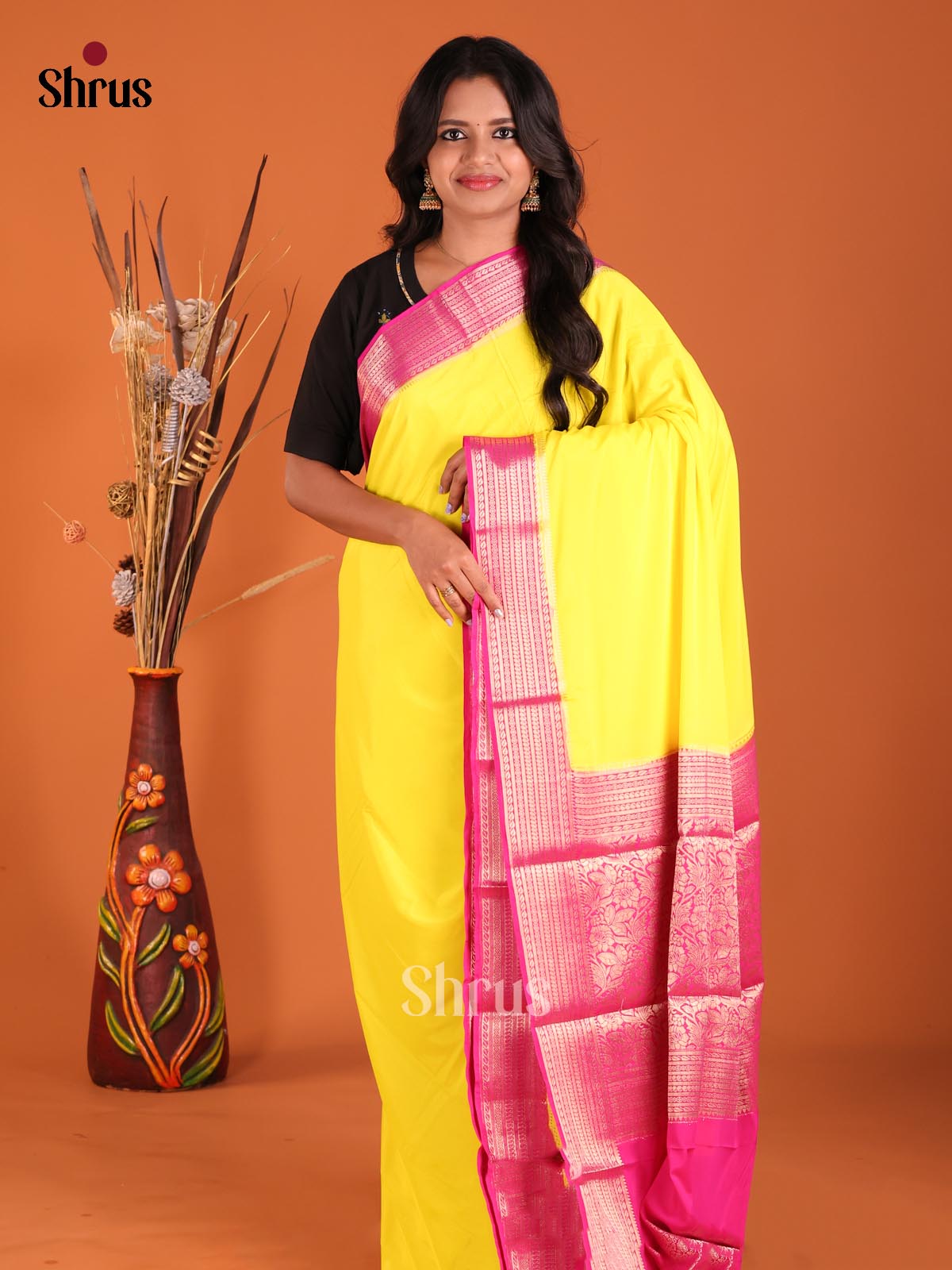Yellow & Pink - Mysoresilk-halfpure Saree - Shop on Shrus.com