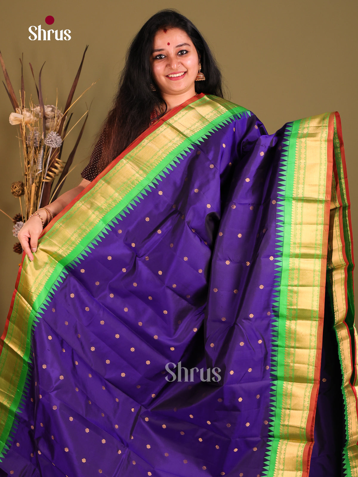 Graceful Blue Gadwal silk Saree with Golden Buttas & Green zari brocade pallu-1