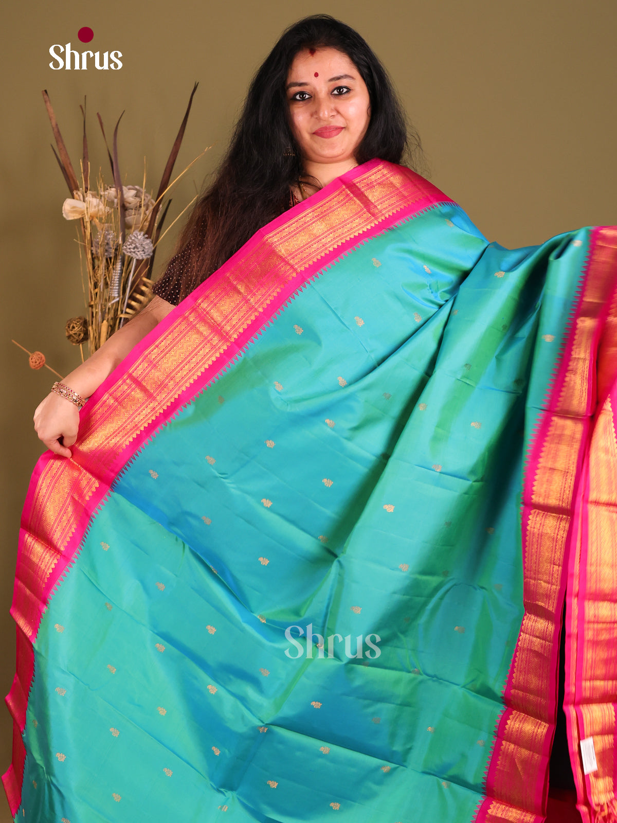 Stunning Teal Blue Gadwal silk Saree with gold buttas & Pink Zari Border-1