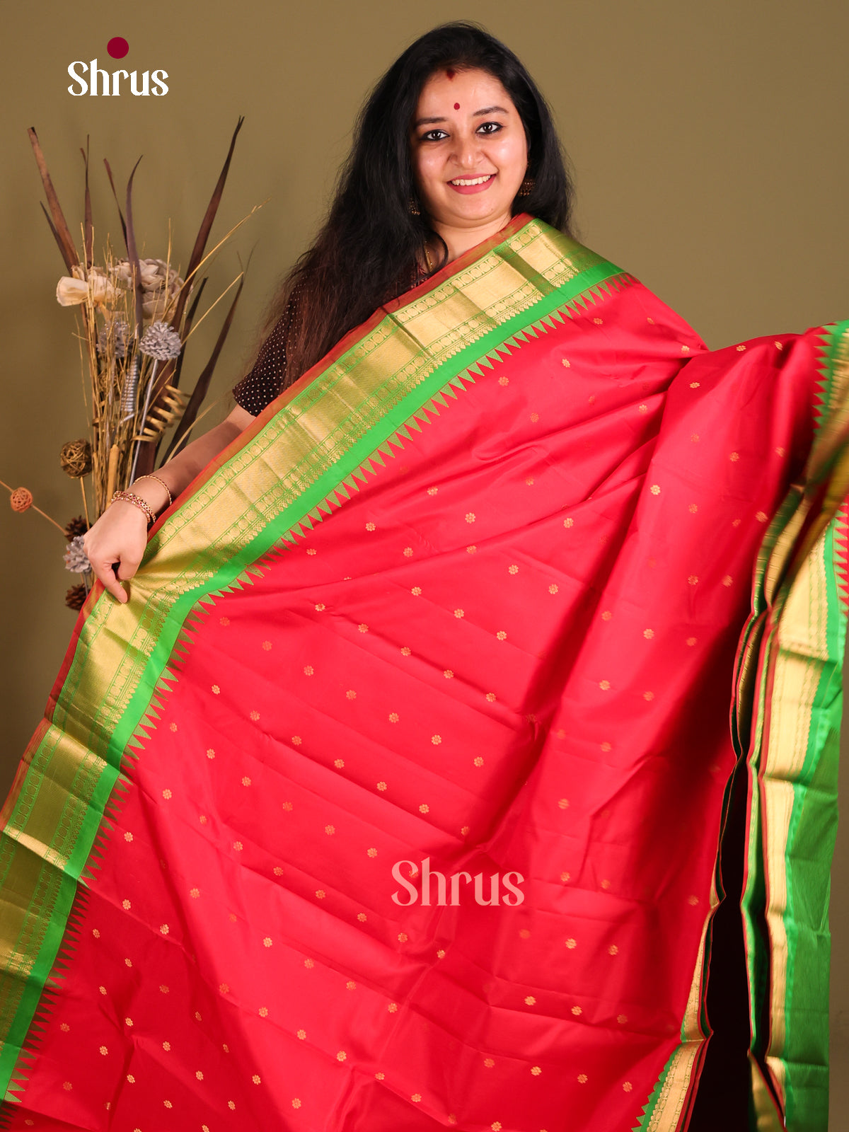 TRaditional Red Gadwal silk Saree with Gold Buttas & Green brocade pallu-1