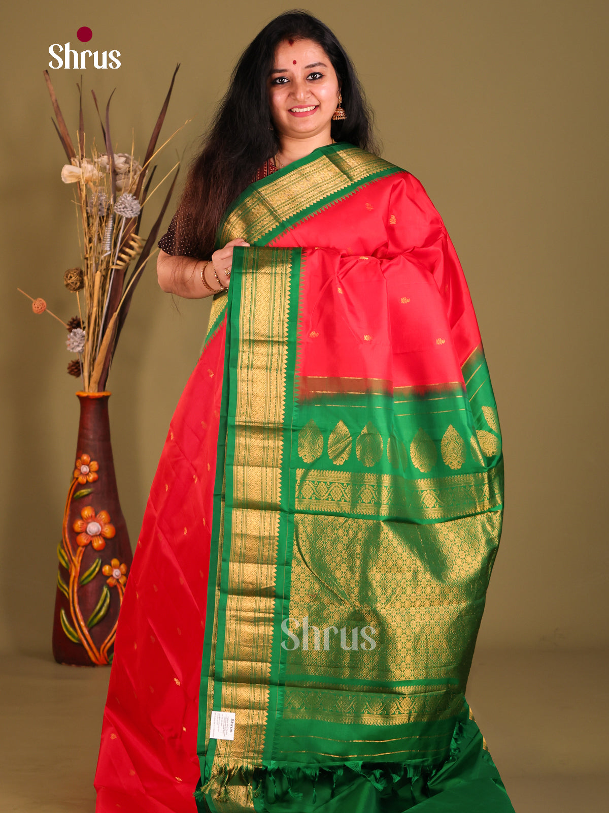 Stunning Red Gadwal silk Saree with Gold Buttas & contrast Red zari brocade pallu