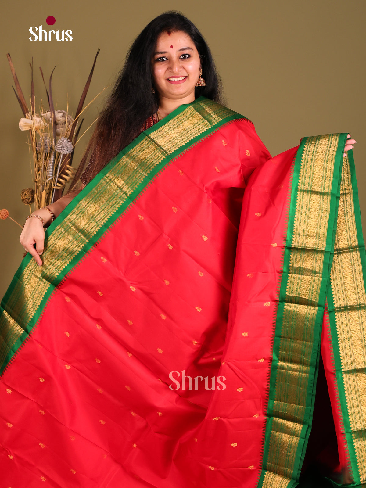 Stunning Red Gadwal silk Saree with Gold Buttas & contrast Red zari brocade pallu-1