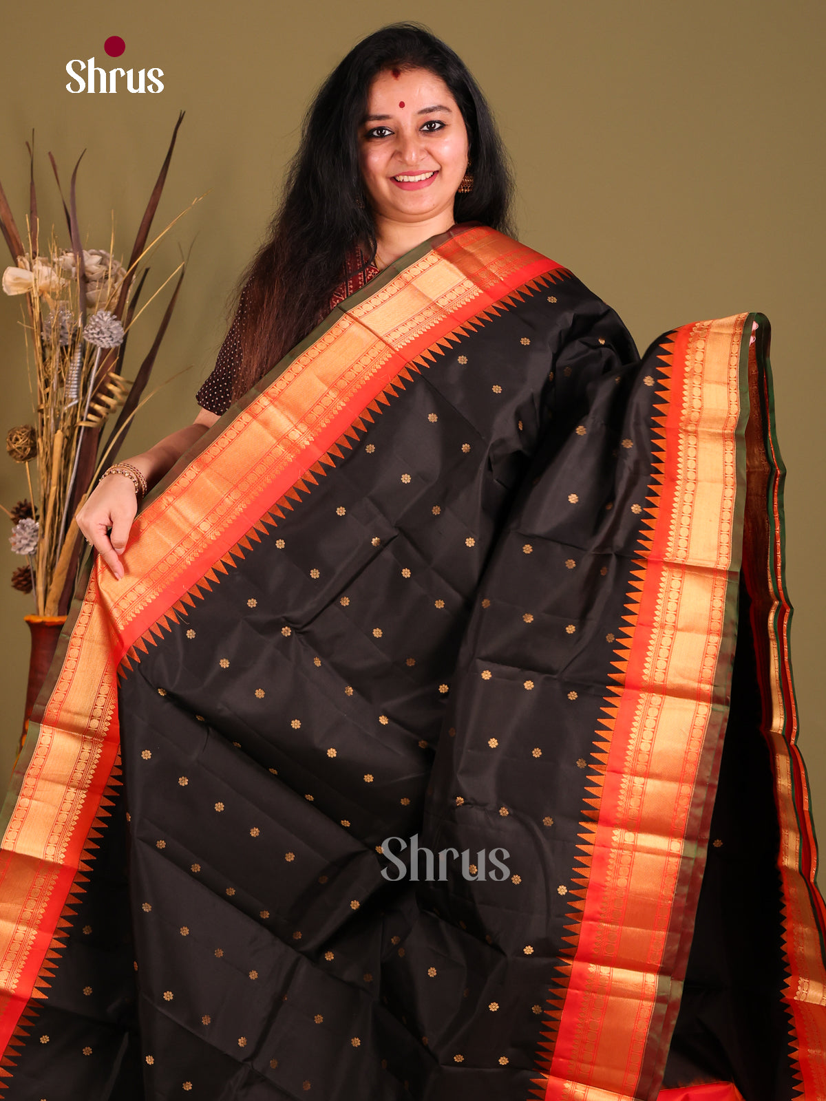 Timeless Black Gadwal Silk Saree with Opulent Orange ZAri Border & Brocade PAllu-1