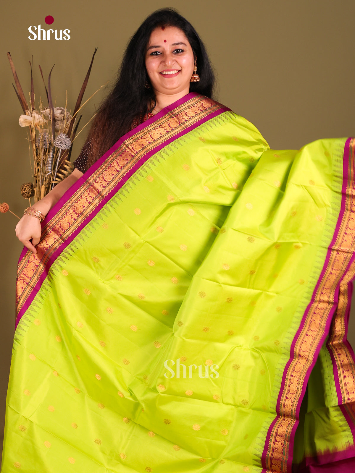 Regal Light Green Gadwal silk Saree with Peacock buttas in Purple Border-1