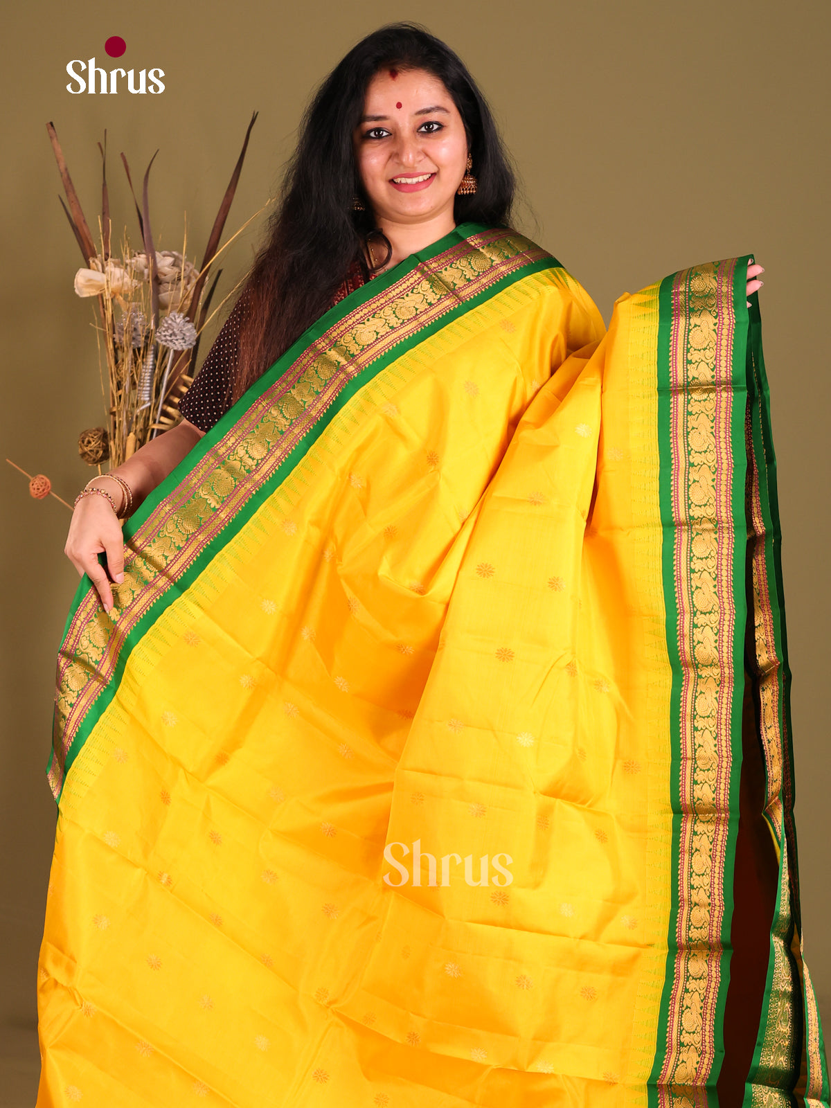 Classic Yellow & Green Gadwal silk Saree with Zari buttas & Brocade Pallu-1