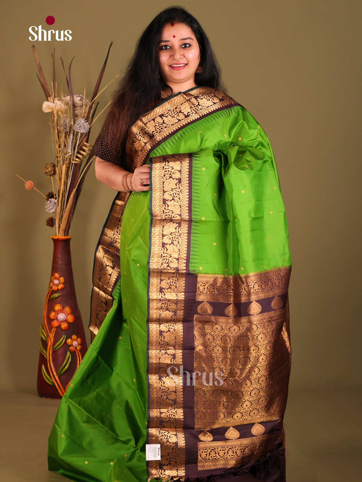 Serene Light Green Gadwal silk Saree with zari buttas & rich Brown Border
