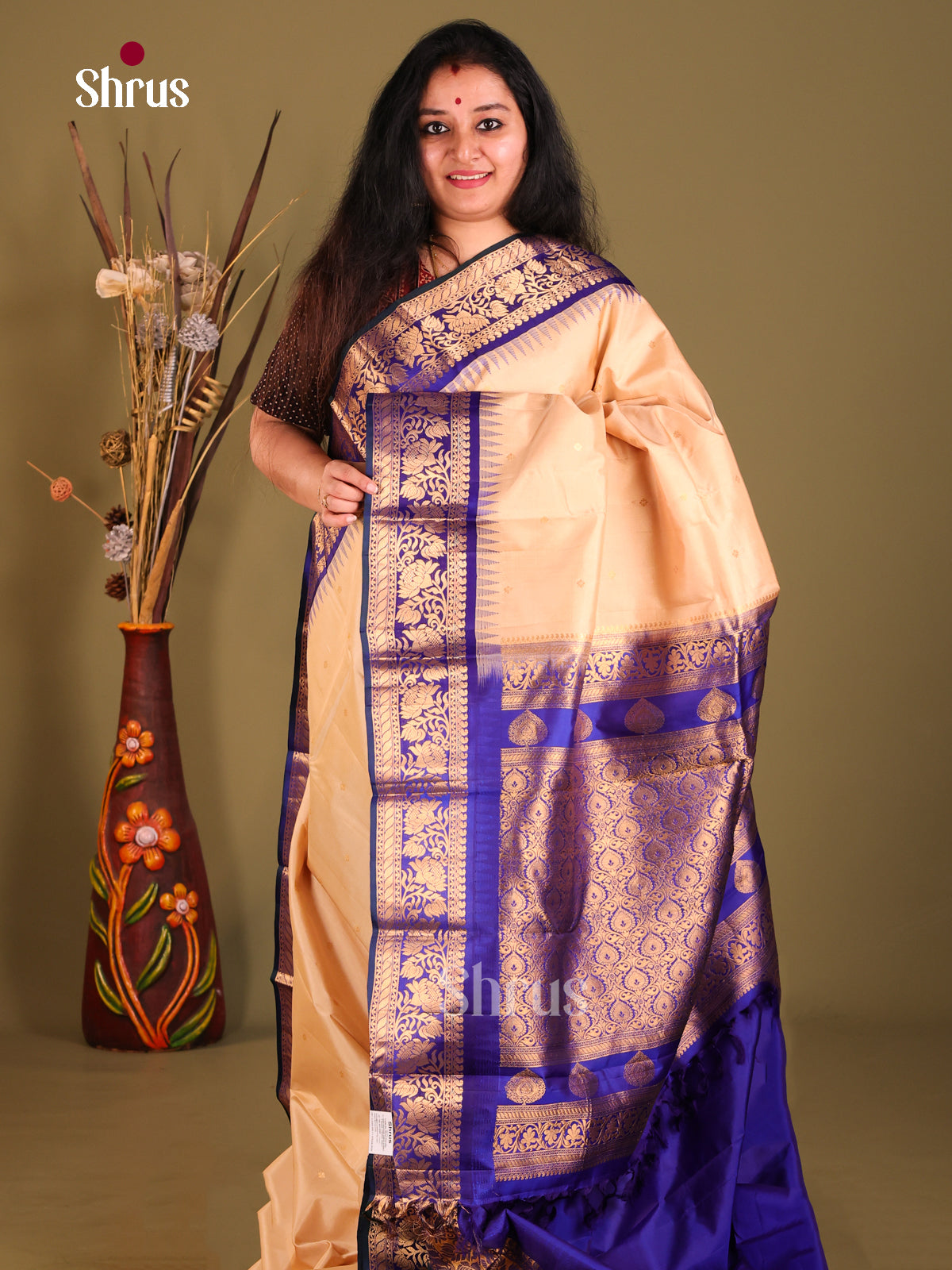 Elegant Beige Gadwal silk Saree with ZAri Buttas & Blue zari brocade pallu