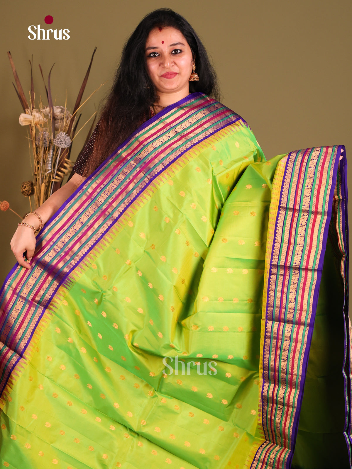 Lush Parrot green Gadwal silk Saree with peacock zari buttas & Blue Brocade Pallu-1