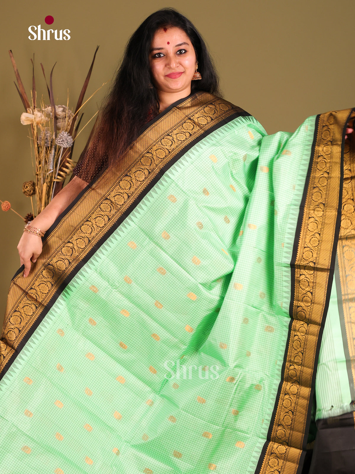 Lush Pista Green Gadwal silk Saree with Checks, Zari Buttas & Black Border-1