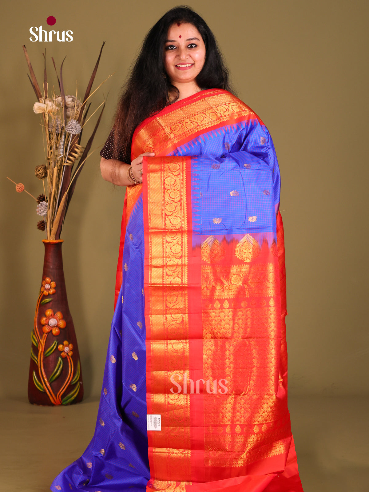 Graceful Blue Checked Gadwal silk Saree with gold zari buttas & Red Brocade Pallu