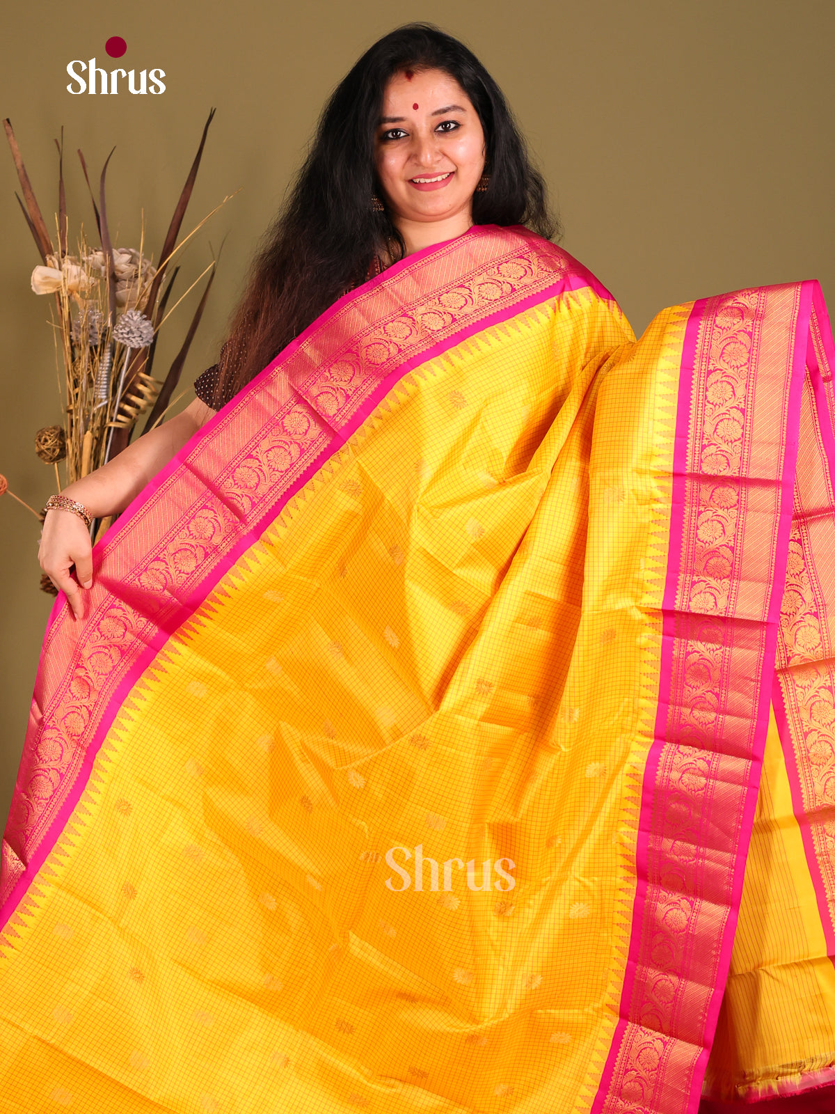 Bright Yellow Gadwal silk Saree with checks, floral buttas & Pink Zari Border-1