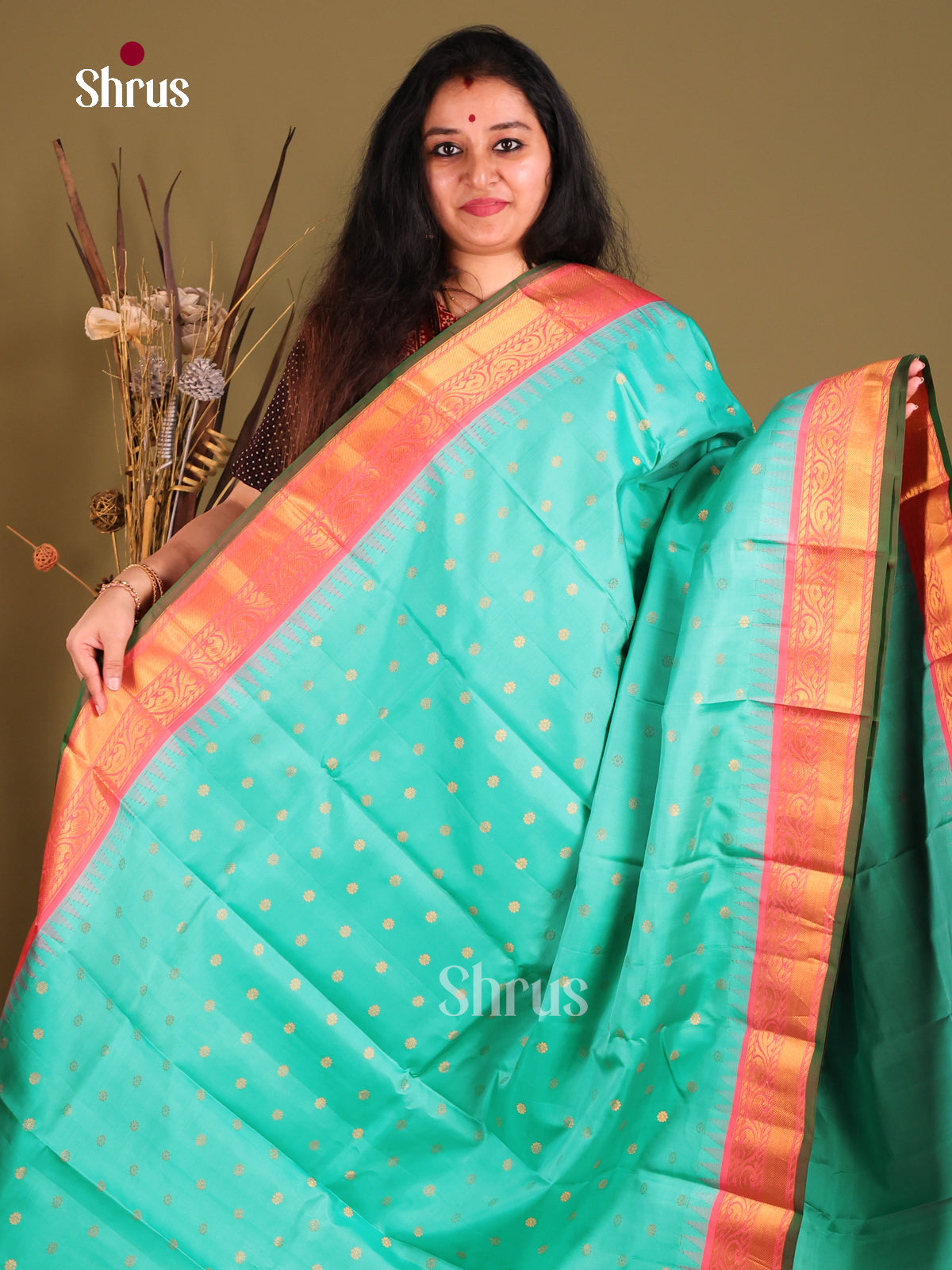 Timeless Teal Blue & Pink Gadwal silk Saree with zari buttas & Brocade Pallu-1