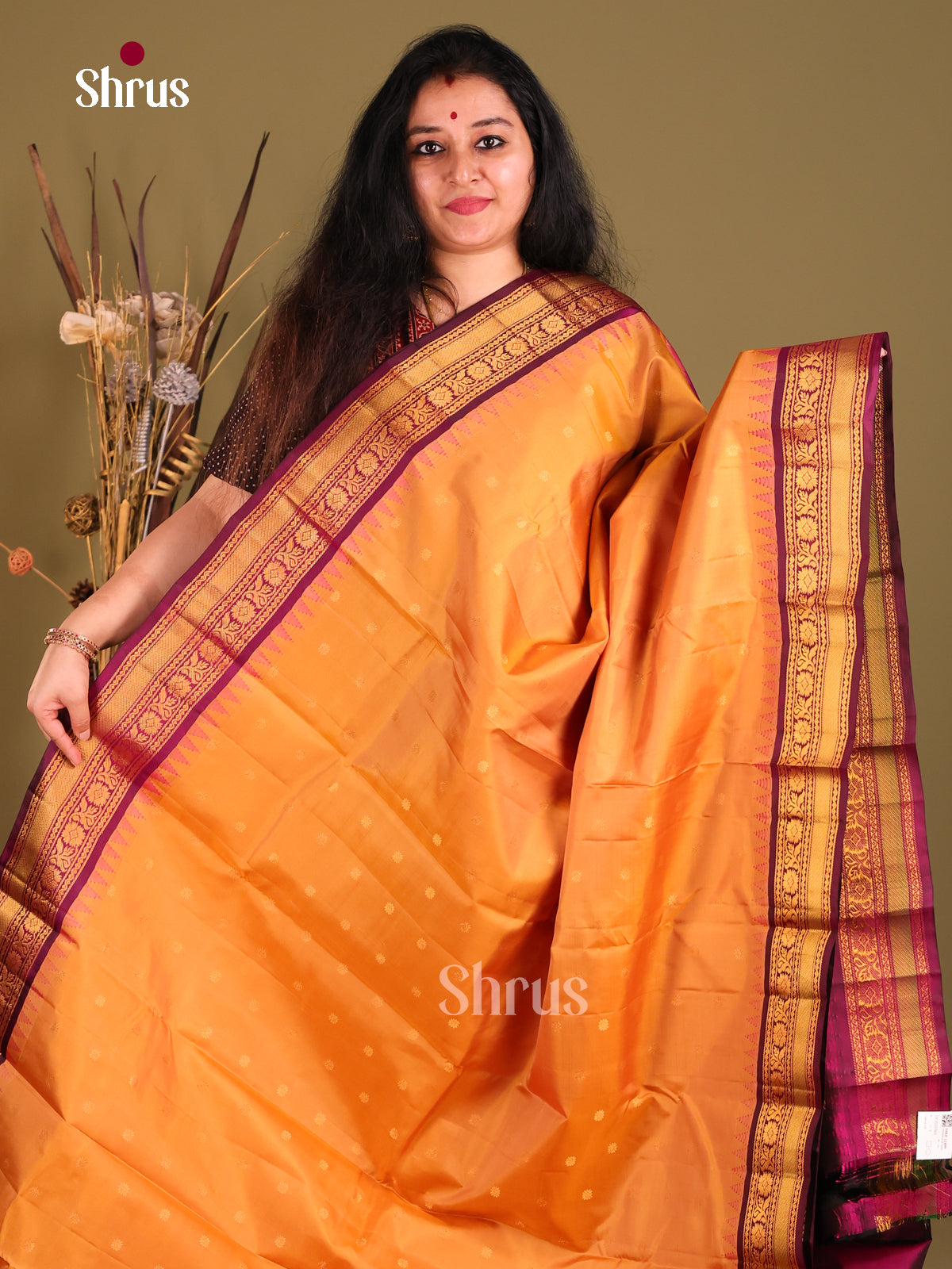 Timeless Mustard & Maroon Gadwal silk Saree with rich zari border & Brocade Pallu-1