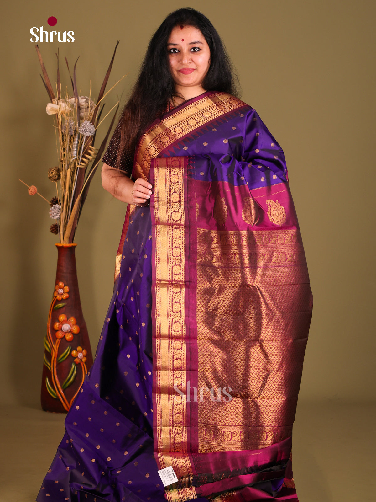 Violet & Maroon Gadwal silk Saree gleams with gold zari buttas - Shop on Shrus.com