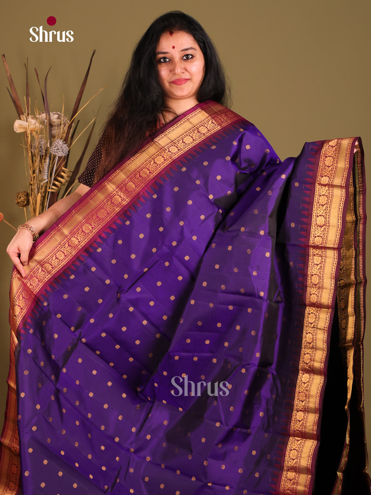 Violet & Maroon Gadwal silk Saree gleams with gold zari buttas - Shop on Shrus.com