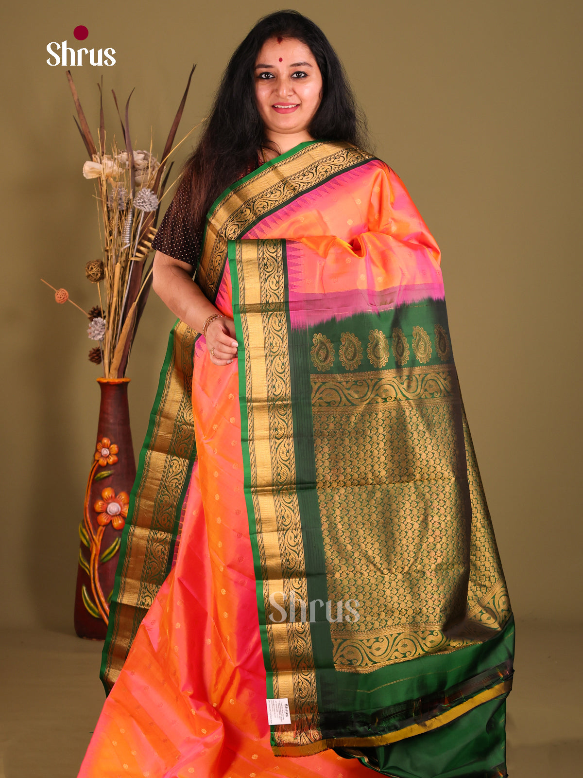 Radiant Orange Gadwal Silk Saree with Zari Buttas & Green Brocade Pallu