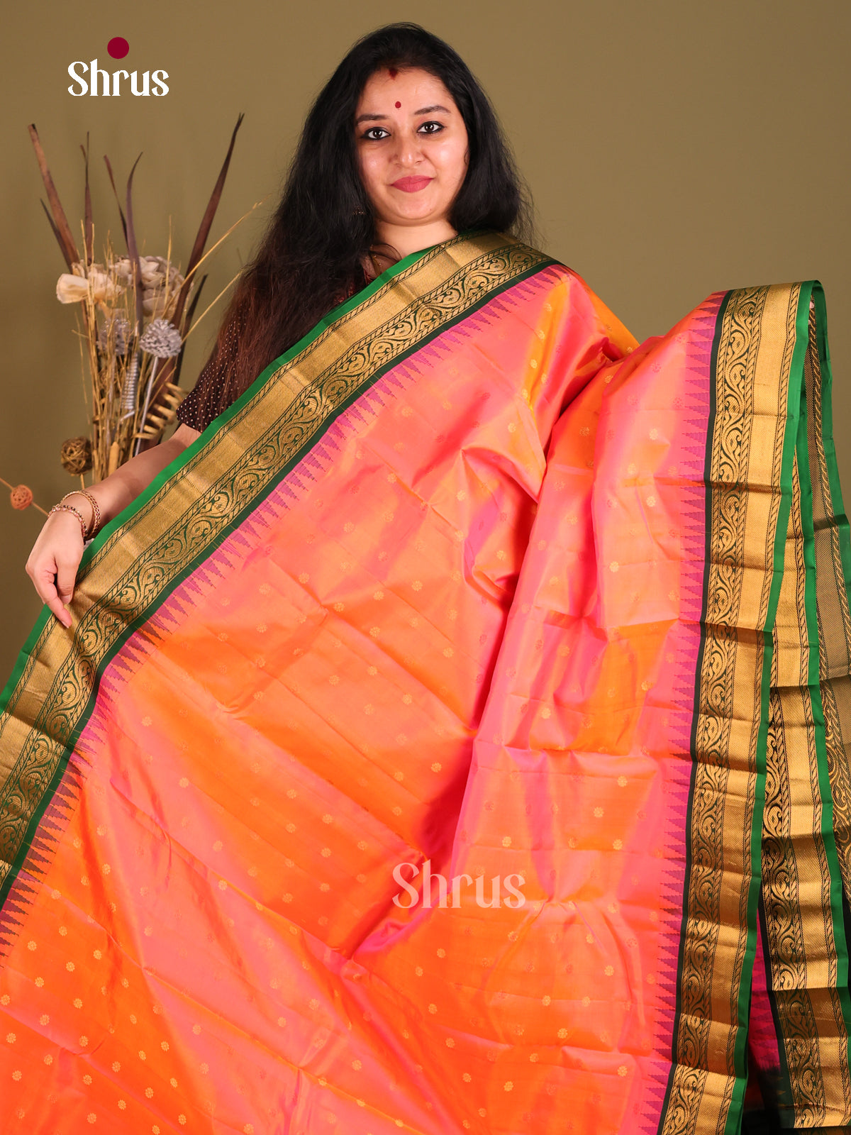 Radiant Orange Gadwal Silk Saree with Zari Buttas & Green Brocade Pallu-1