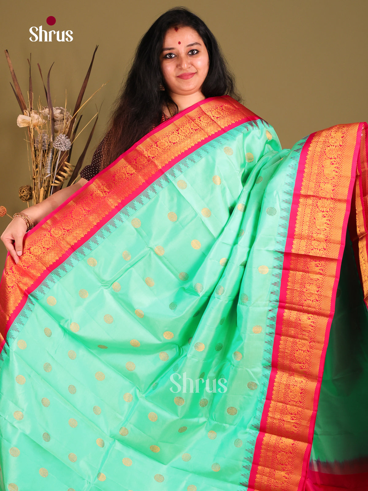 Beautiful Teal Green Gadwal silk Saree with gold buttas & Pink Brocade Pallu-1