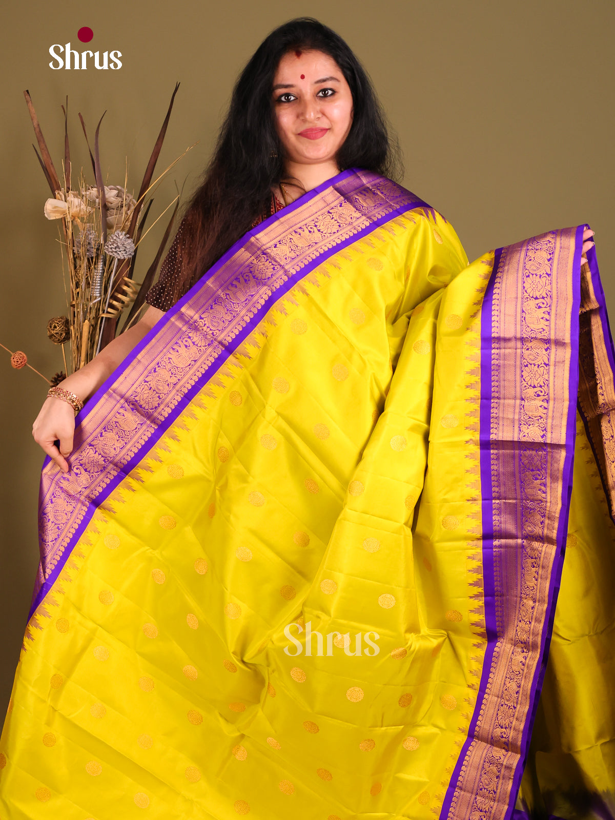 Classic Mustardy Green Gadwal silk Saree with gold zari buttas & violet Brocade Pallu-1