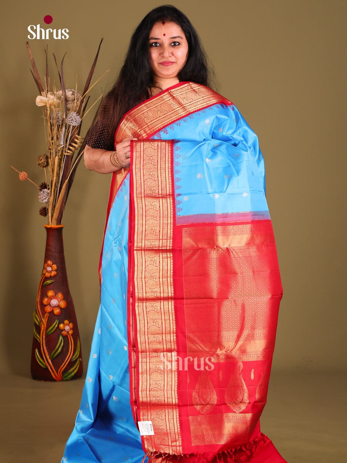 Exquisite Blue Gadwal silk Saree with Zari Buttas & Red pasileys brocade border