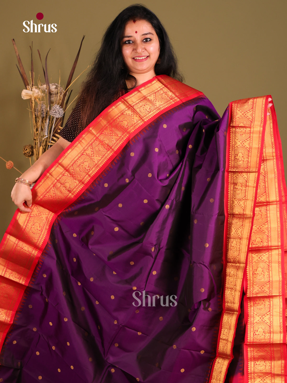 Elegant Violet Gadwal silk Saree with Zari Buttas & Red zari border-1