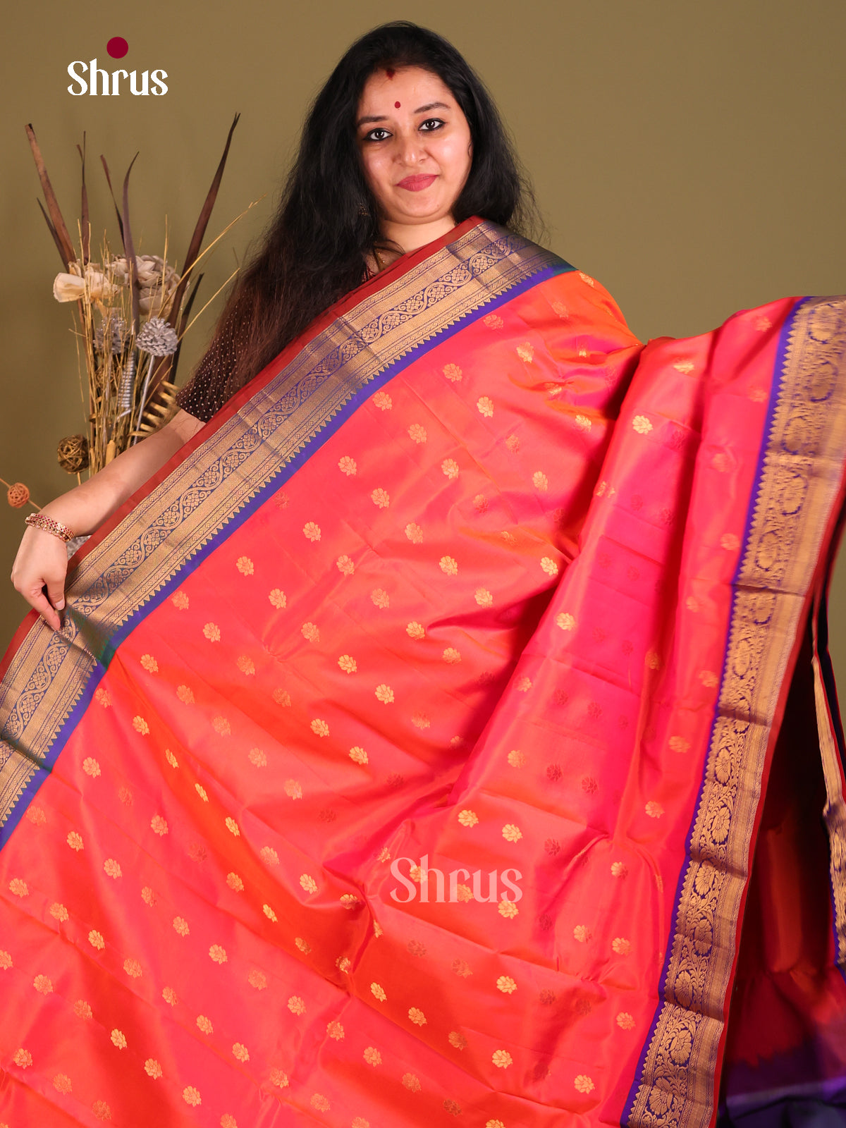 Cute Orangish Pink Gadwal Silk Saree with Floral Zari Buttas & Blue Zari Border-1
