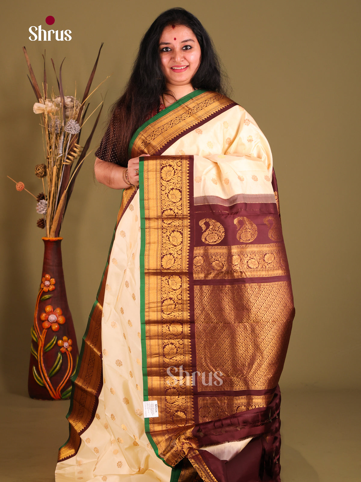 Cream & Brown Gadwal silk Saree with contrast floral vines zari border