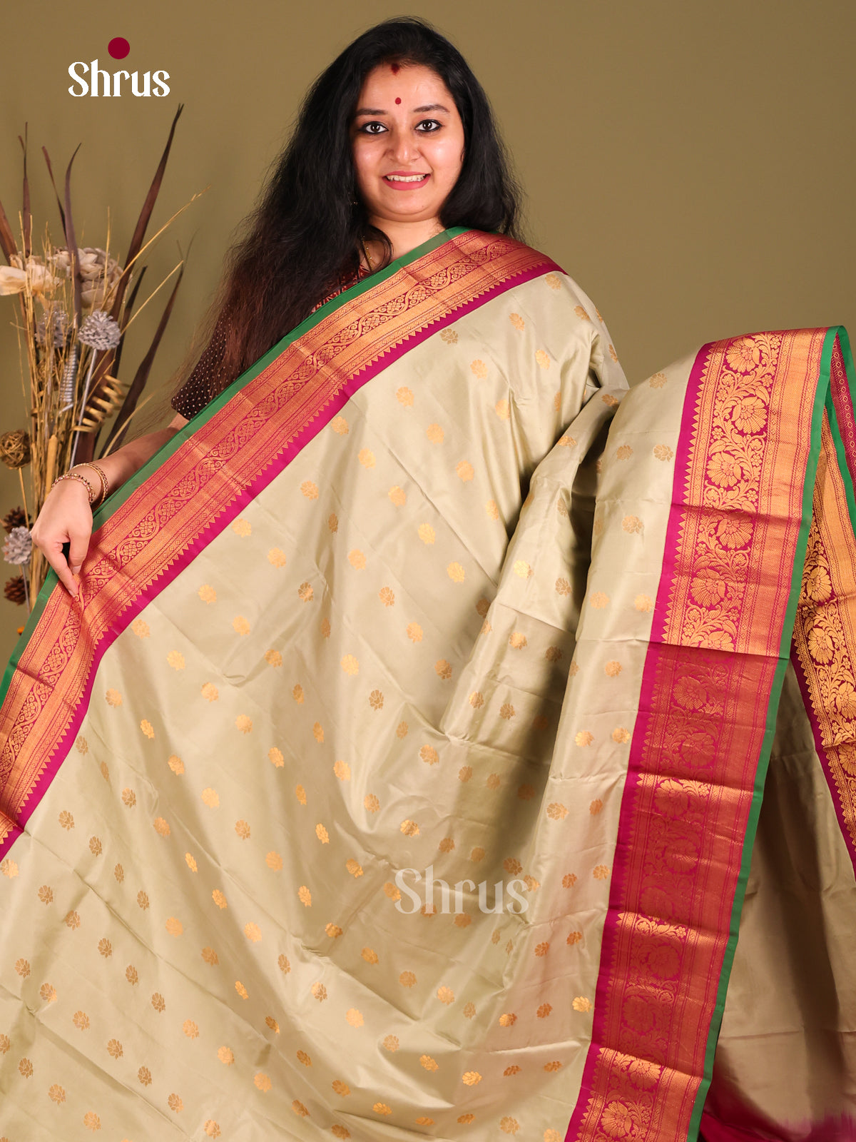 Grey Gadwal silk Saree gleams with gold zari floral buttas-1