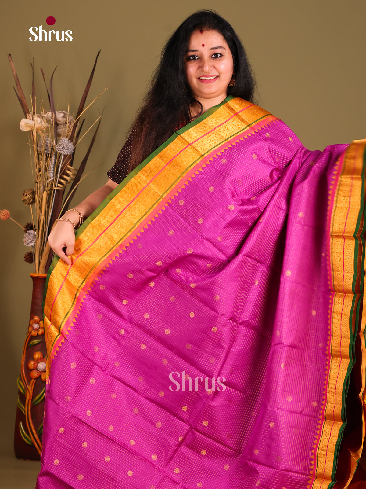 Luxurious Magenta Gadwal Silk Saree with Rich Mustard Brocade Pallu-1