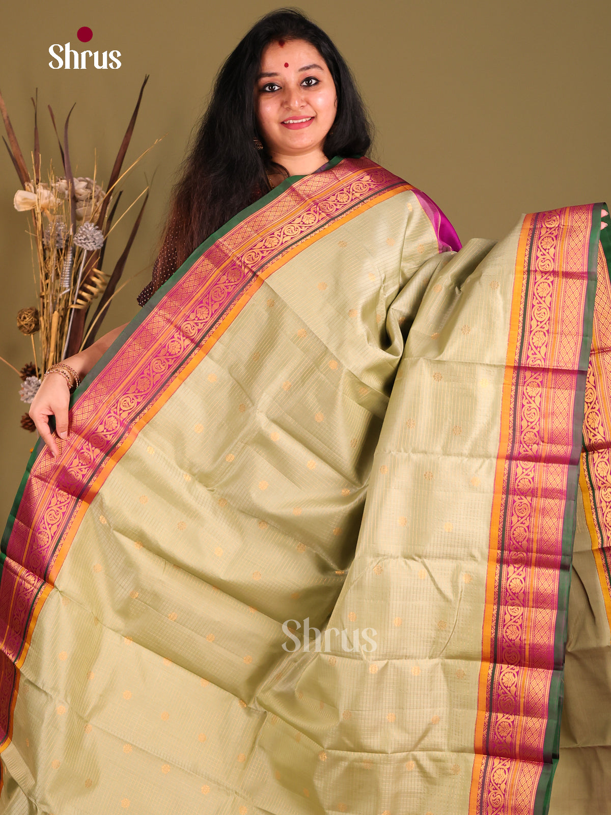 Glamorous Pista Green & Purple Gadwal silk Saree with checks & zari buttas-1