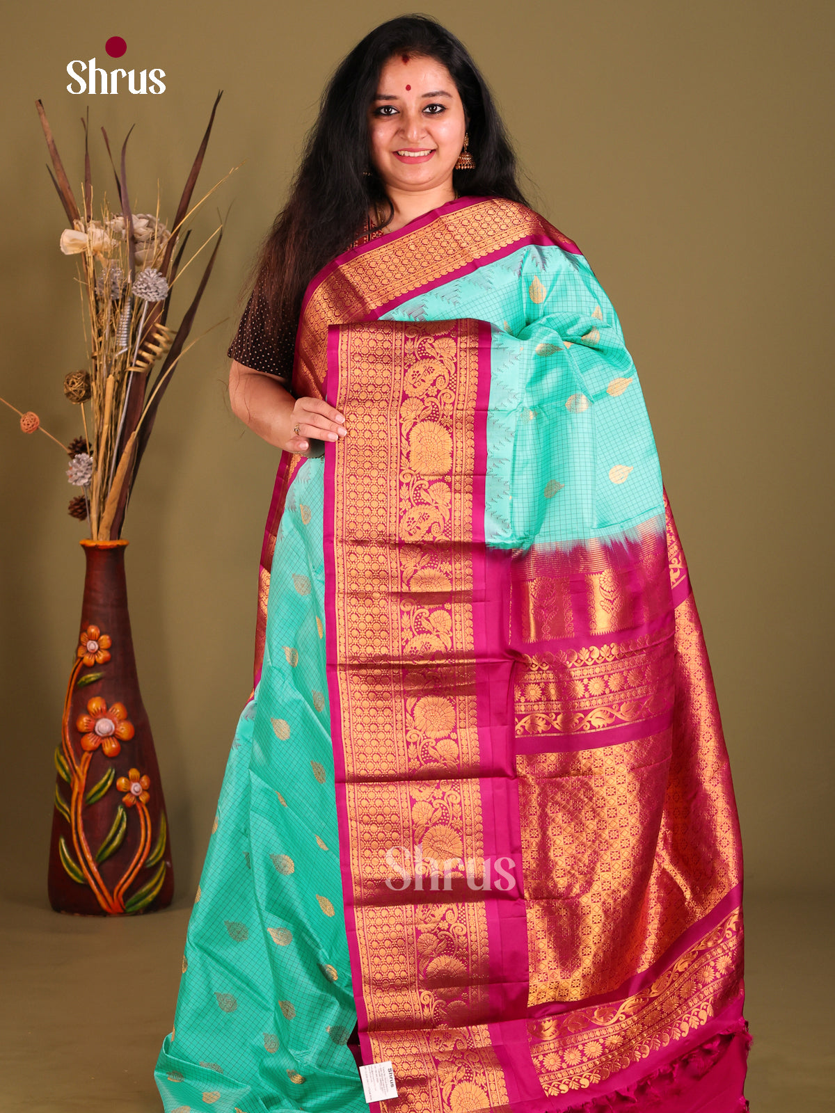 Gorgeous Teal Gadwal silk Saree with Checks, Buttas & rich Maroon zari border