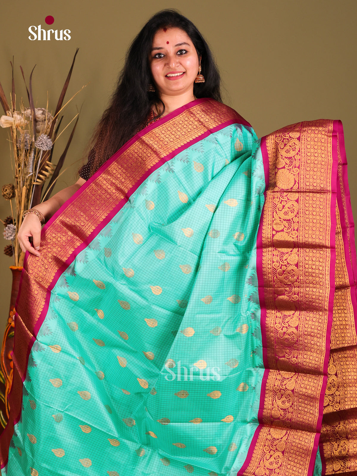 Gorgeous Teal Gadwal silk Saree with Checks, Buttas & rich Maroon zari border-1