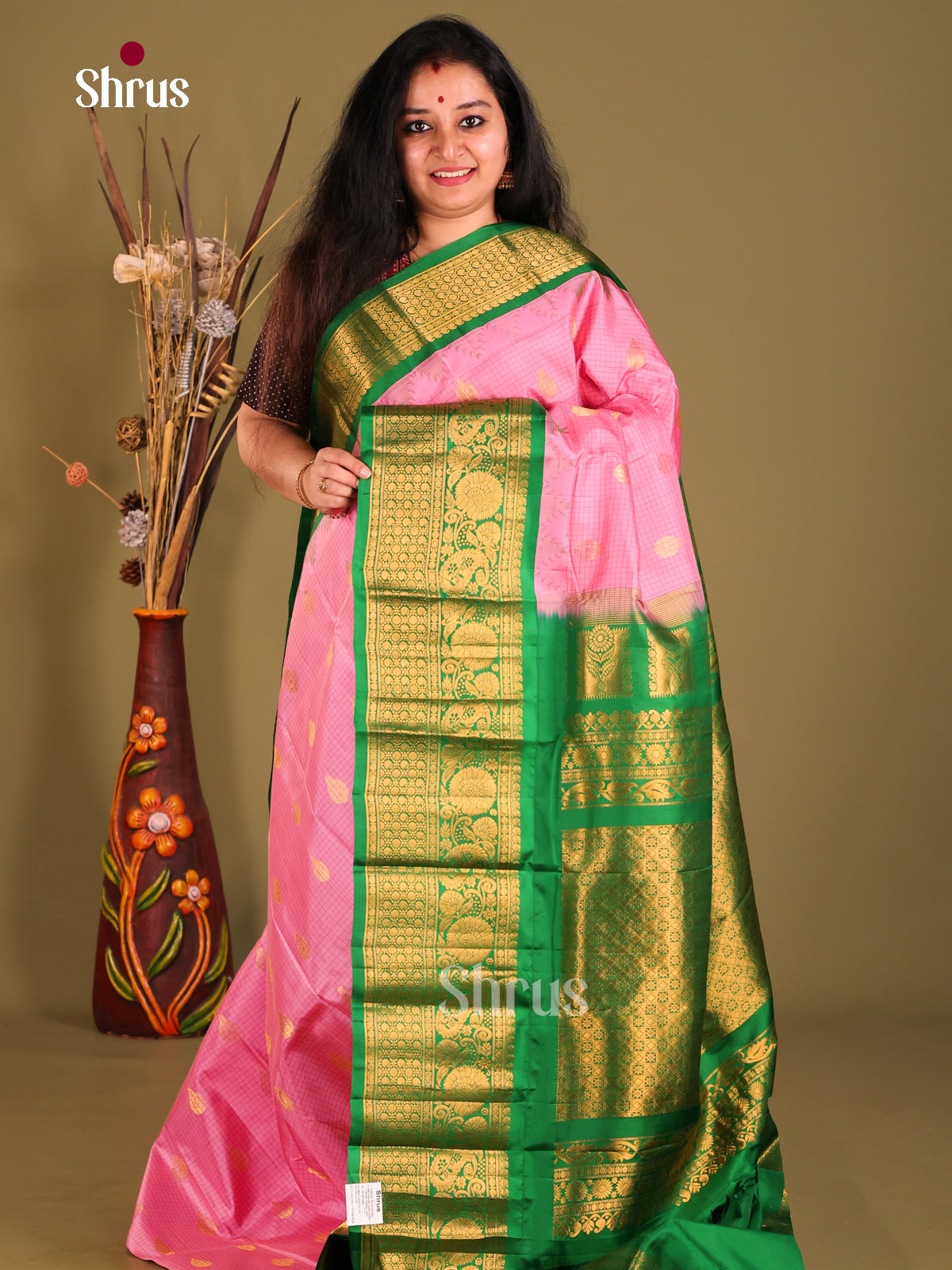 Cute Pink Gadwal silk Saree with checks, zari buttas & Green Floral Vine Woven Border