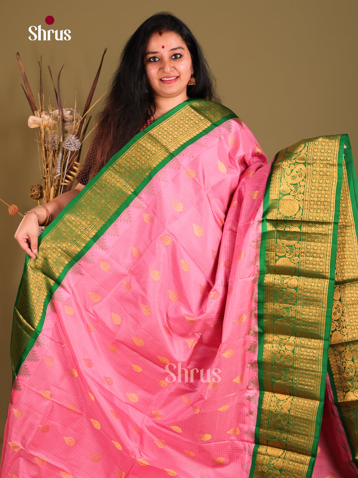 Cute Pink Gadwal silk Saree with checks, zari buttas & Green Floral Vine Woven Border-1