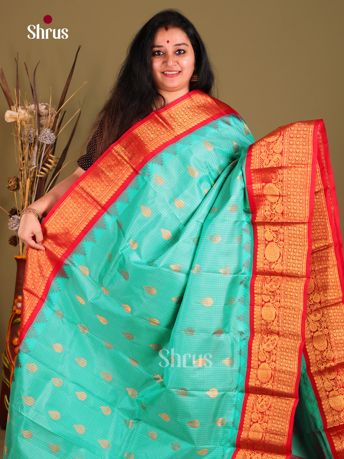 Chic Teal Green Gadwal silk Saree with Checks, Golde Buttas & Red zari brocade pallu-1