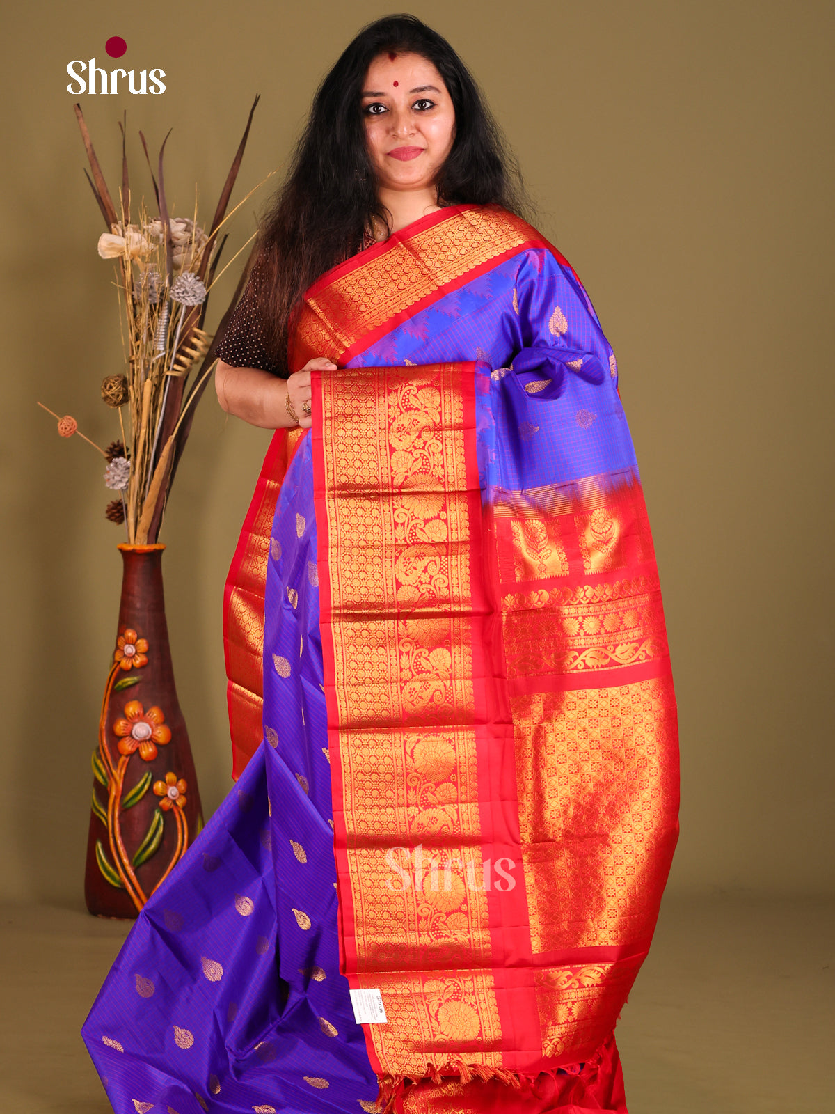 Classic Blue Gadwal Silk Saree with Red Zari Brocade & Brocade Pallu