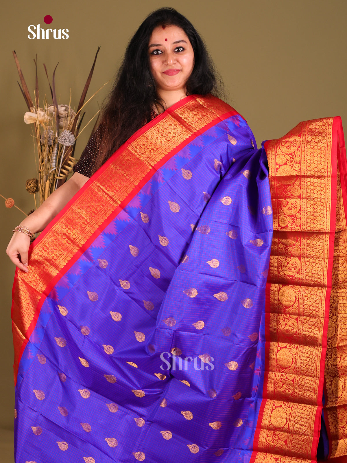 Classic Blue Gadwal Silk Saree with Red Zari Brocade & Brocade Pallu-1