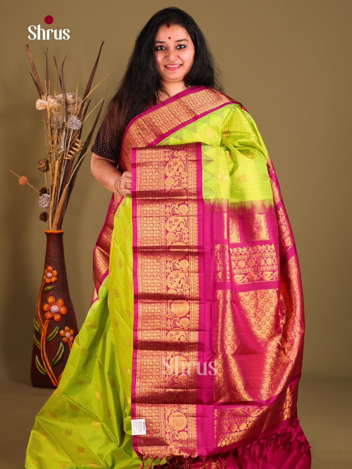 Cute Light Green & Maroon Gadwal silk Saree with checks & zari floral buttas