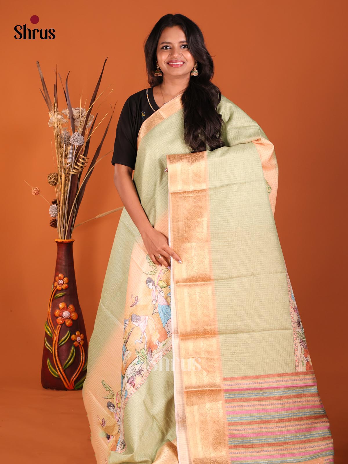 Pista Green & Peach- Semi Dola silk Saree