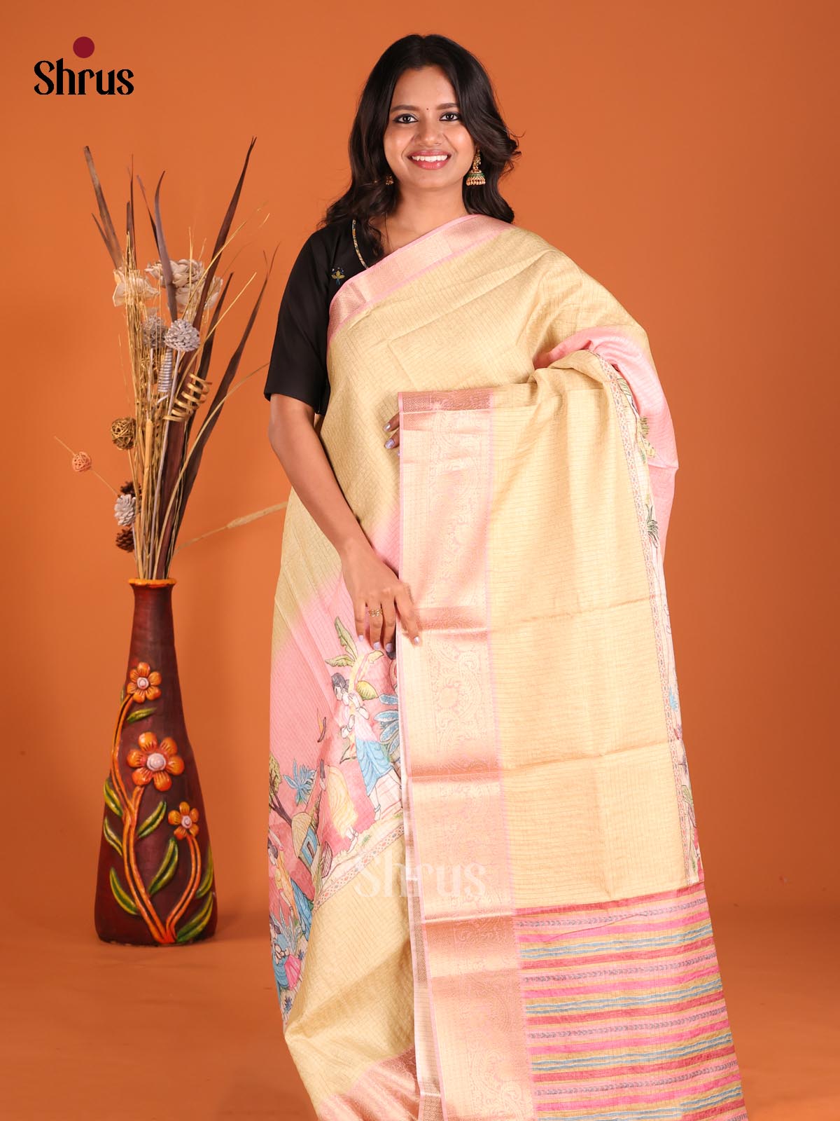 Yellow & Pink - Semi Dola silk Saree