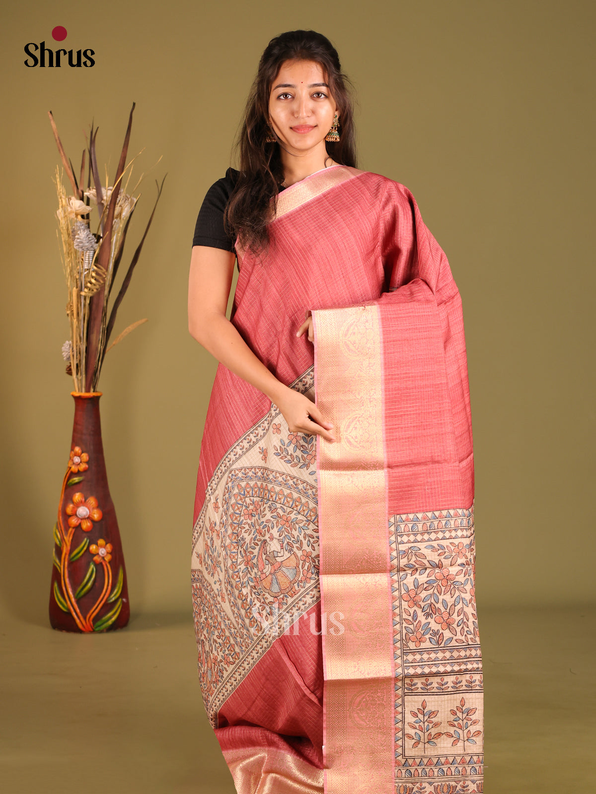 Red & Cream - Semi Dola silk Saree - Shop on Shrus.com