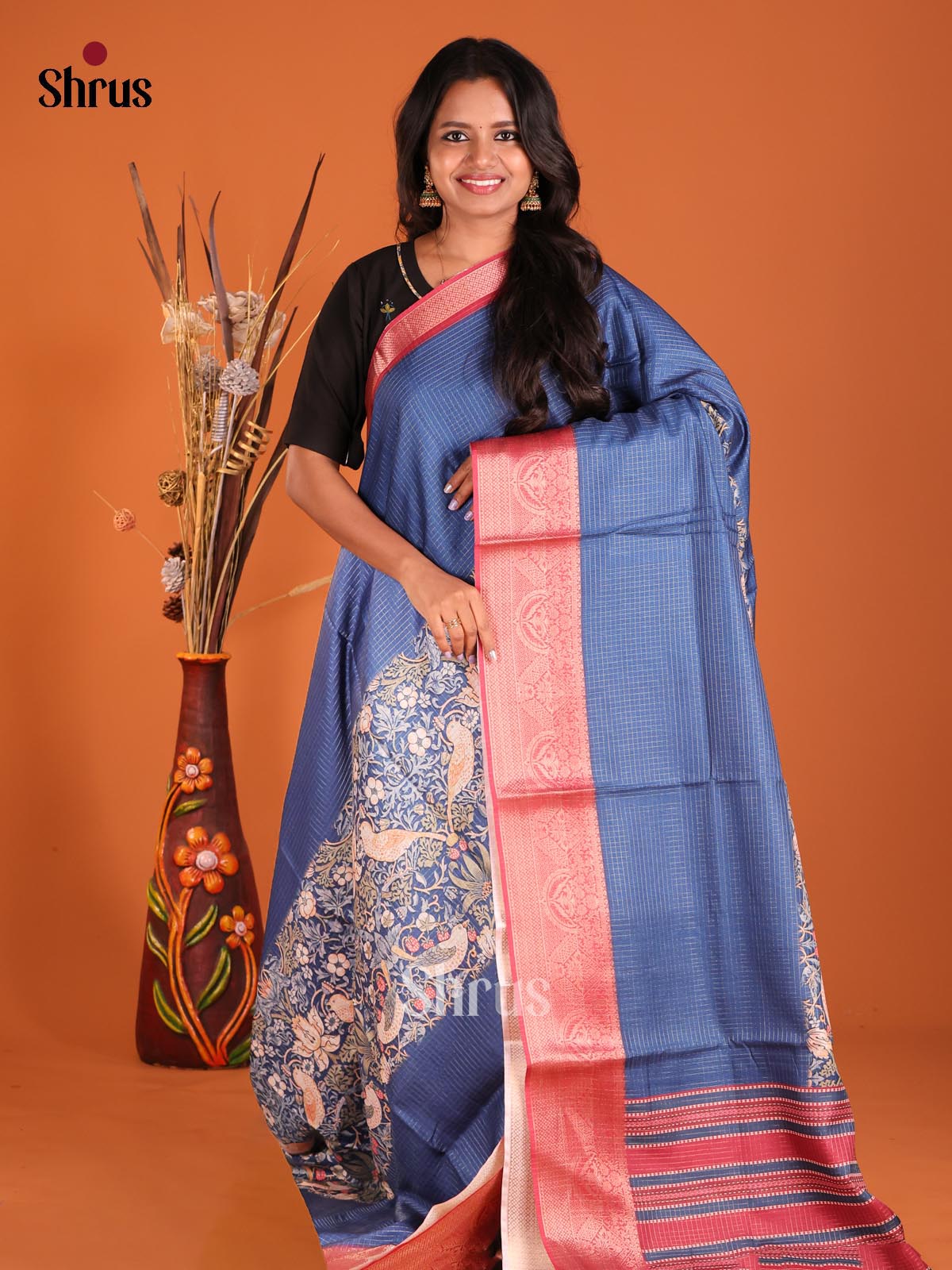 Blue & Maroon- Semi Dola silk Saree